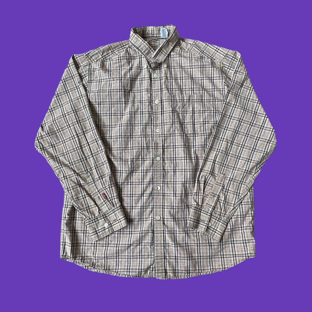 Levi's Red Tab Casual Button Shirt Cream Light Brown Plaid 100% Cotton Men Sz L